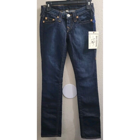True Religion Straight Jeans -Red Orange Stitch-Lonestar Dark -Size 25- NWT $189 - Picture 1 of 13